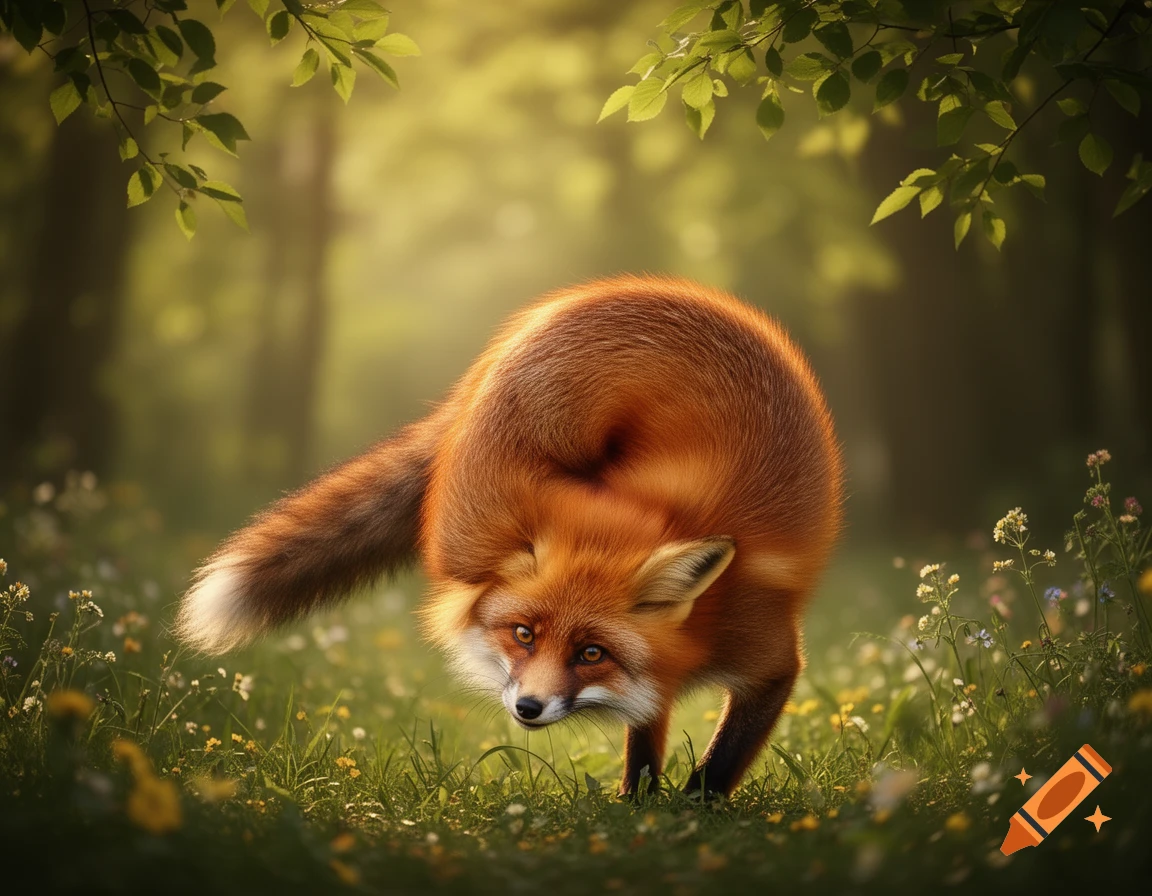 A photorealistic image of a red fox with its body playfully twisted, standing in a lush green forest with sunlight filtering through leaves.