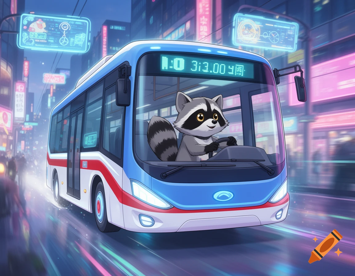 A cute anime-style raccoon drives a blue, white, and red futuristic bus through a neon-lit city street at night.
