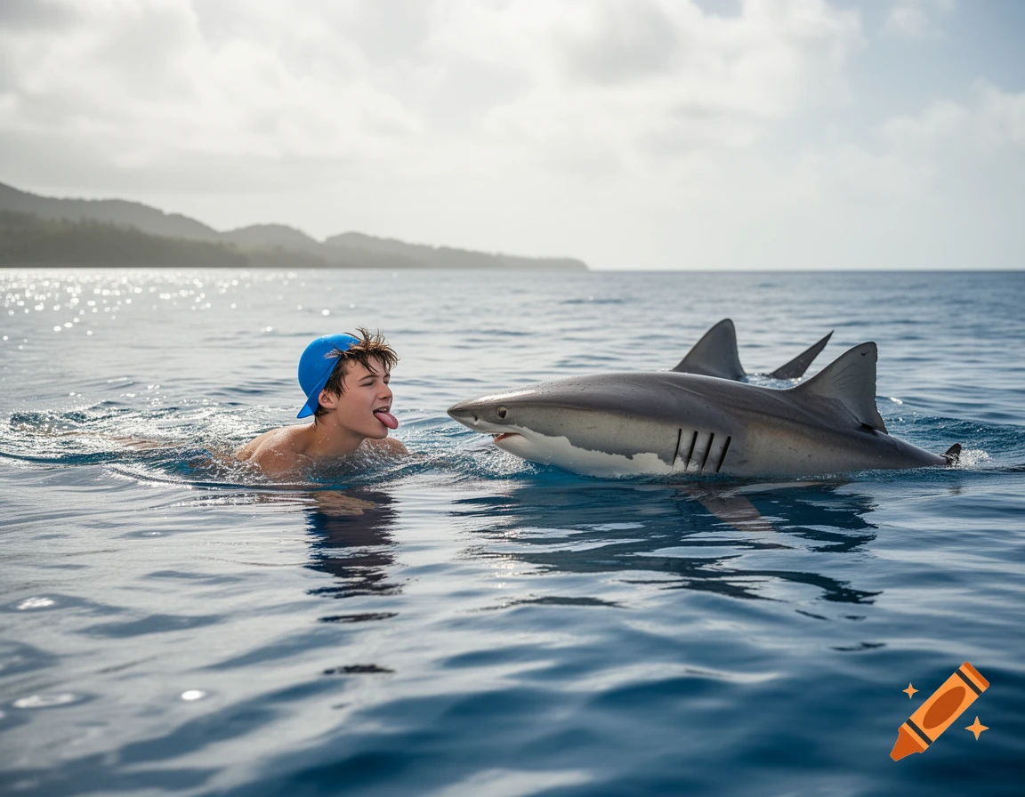A young man in a blue cap sticks his tongue out at a shark while swimming in the ocean, photorealistic.