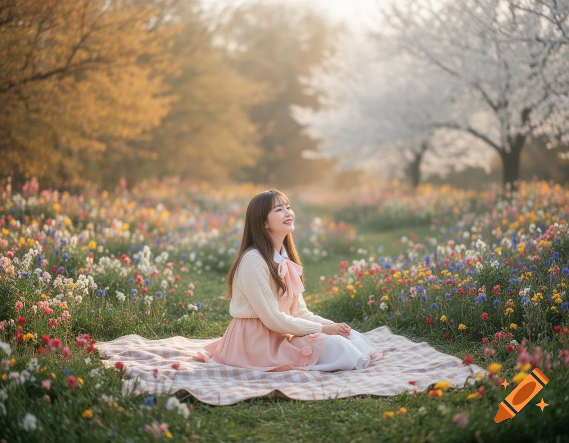 A smiling young woman sits on a checkered blanket in a vibrant field of colorful flowers under soft sunlight.