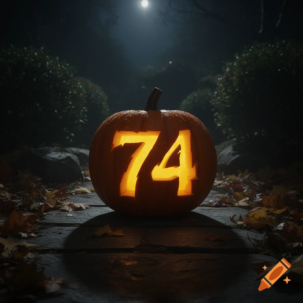 A glowing jack-o'-lantern carved with the number 74 sits on a leaf-strewn path under a full moon at night.