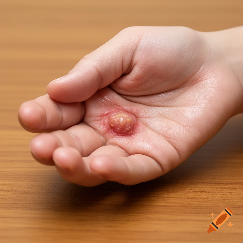 A close-up of a wart on a hand, between the thumb and index finger, against a wooden background.