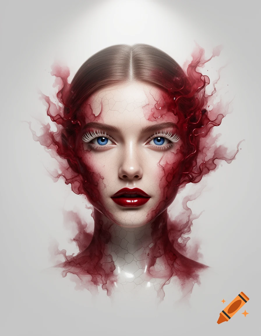 Hyper-realistic artistic portrait of a woman with red ink textures, crackled skin, bright blue eyes, and red lips on a white background.
