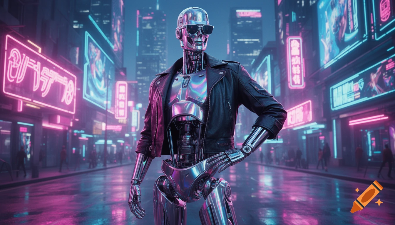 A confident chrome robot in sunglasses and a leather jacket poses in a vibrant, neon-lit cyberpunk city street, digital art style.