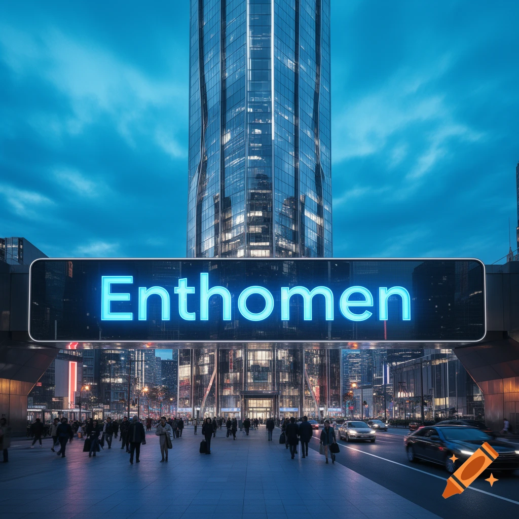 A photorealistic modern city street at night with a tall skyscraper, a glowing 'Enthomen' sign, pedestrians, and cars.