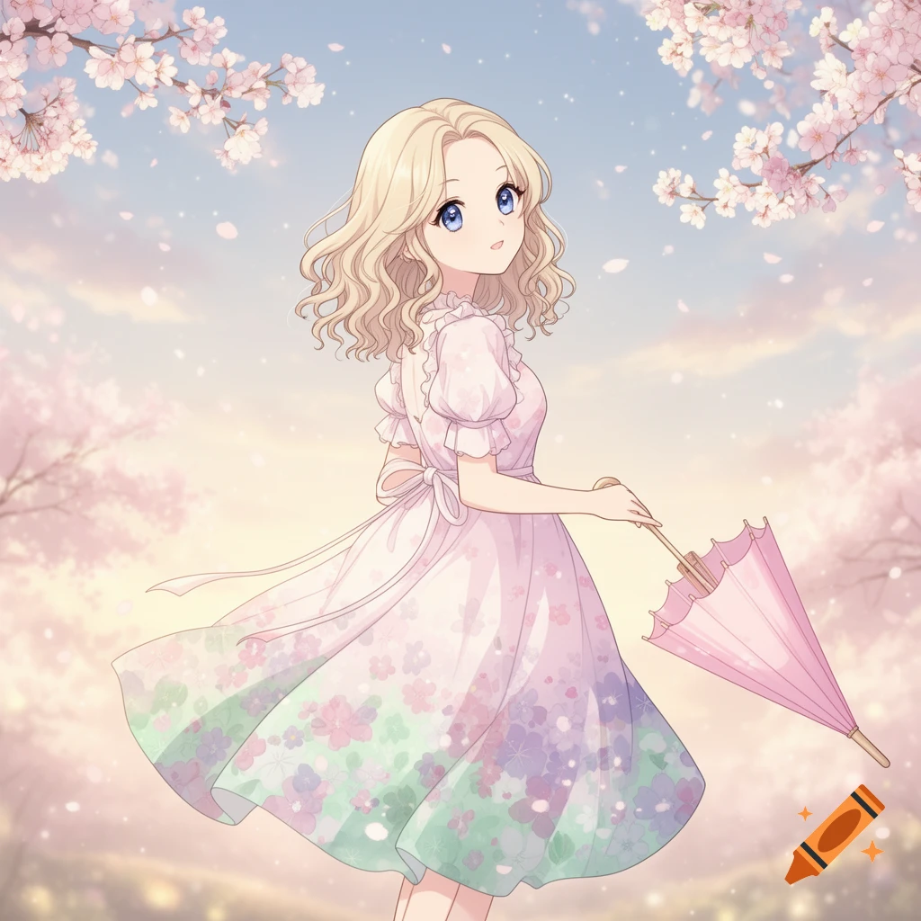 An anime girl with blonde hair and blue eyes, wearing a pink floral dress, holding a pink parasol under falling cherry blossoms in a pastel style.