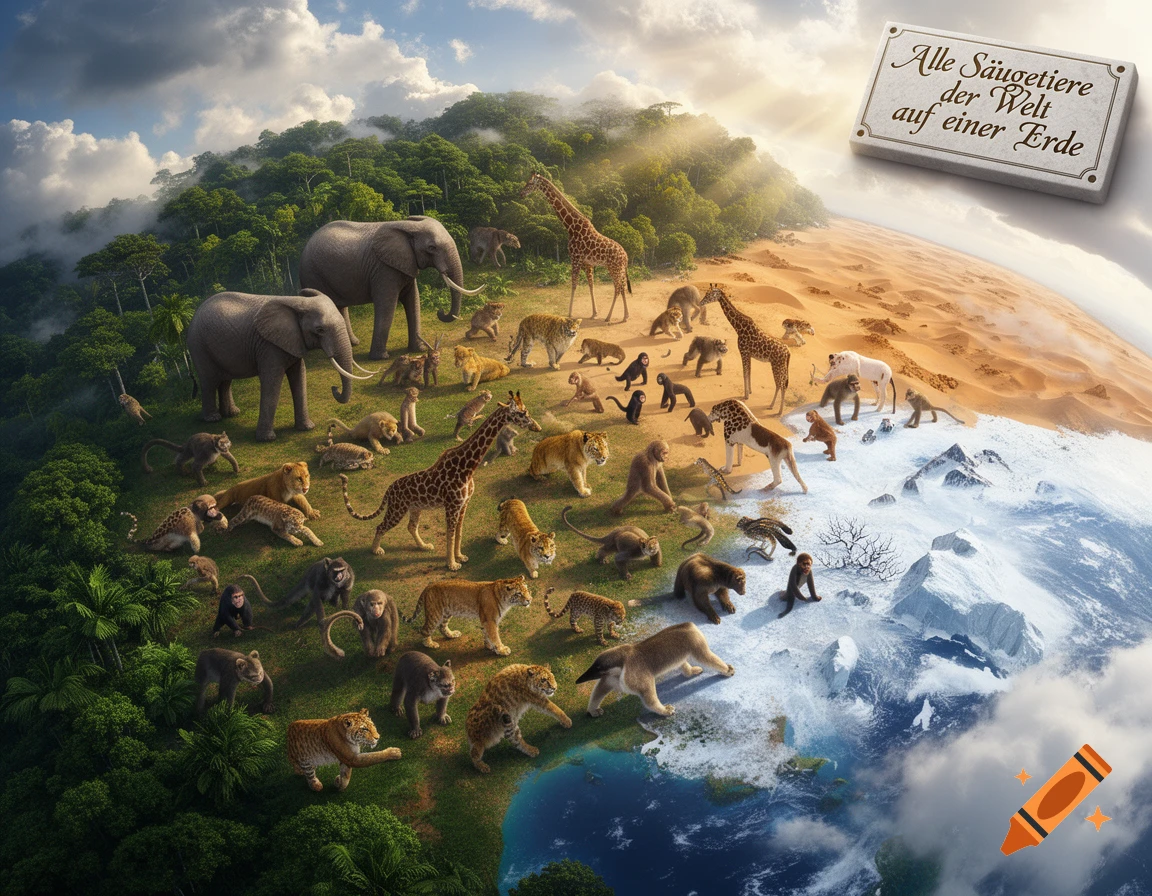 Diverse mammals from jungle, desert, and arctic biomes on a stylized split Earth, with a sign stating 'All mammals of the world on one Earth'.
