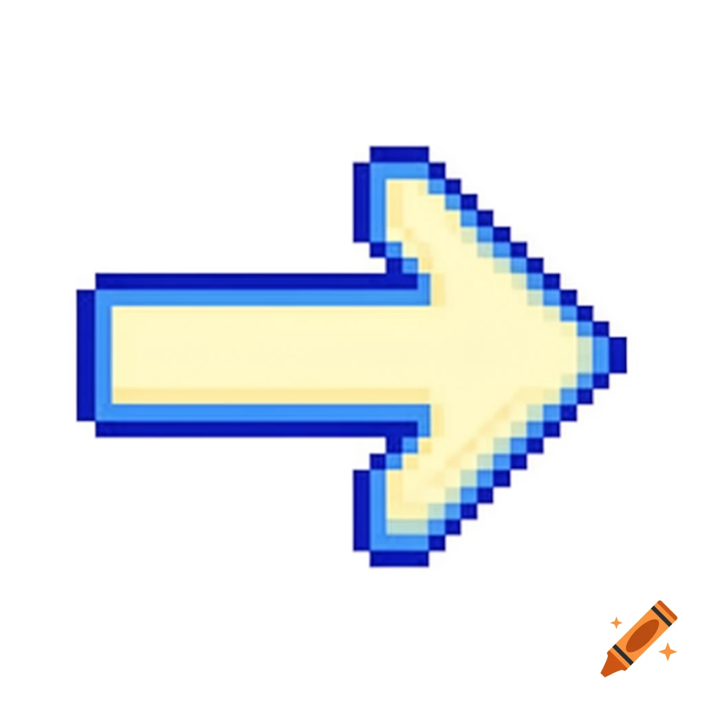 A pixelated arrow pointing to the right, with a light yellow body and a blue outline, against a white background.