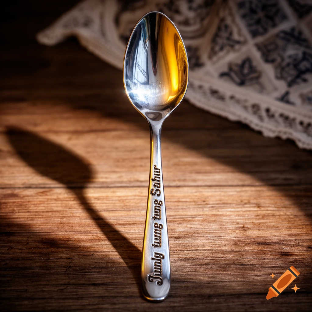 A shiny silver spoon with 'Junlg tung tung Sahur' engraved on its handle, lying on a wooden table. Photorealistic.