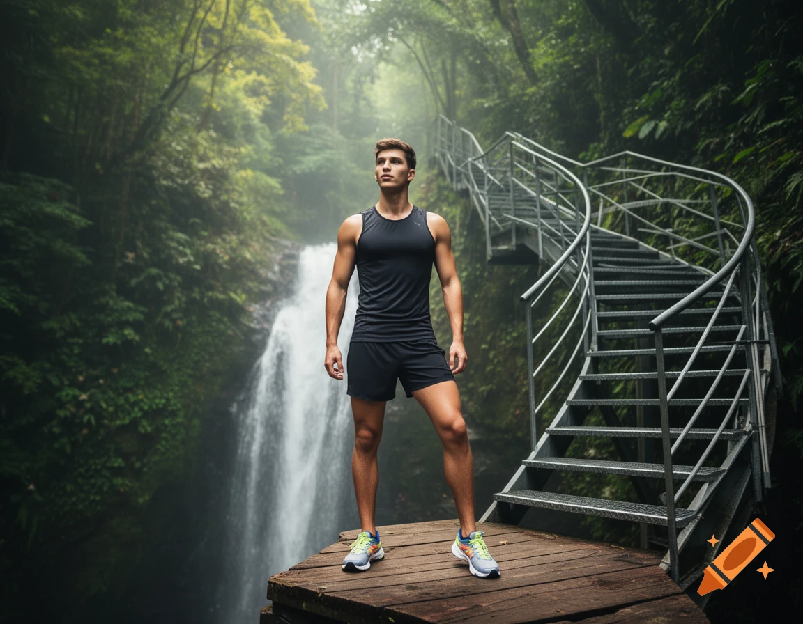 A fit man in black running gear stands on a wooden platform overlooking a waterfall and lush forest, beside a curving metal staircase.