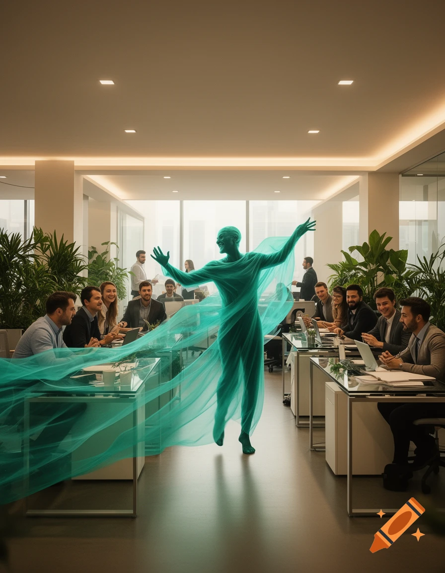 A translucent teal figure with outstretched arms stands in a modern office, surrounded by business people working at desks.