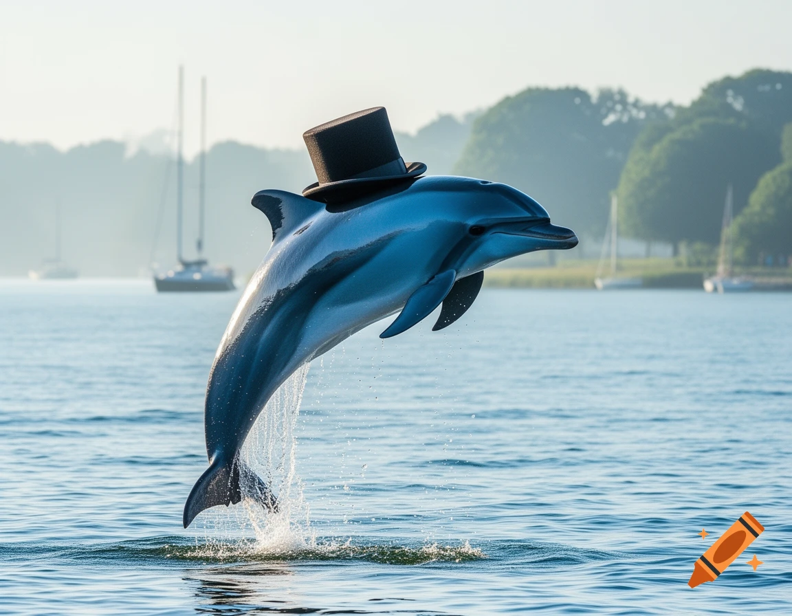 A photorealistic dolphin wearing a black top hat jumps from the water, creating splashes, with boats and trees in the background.