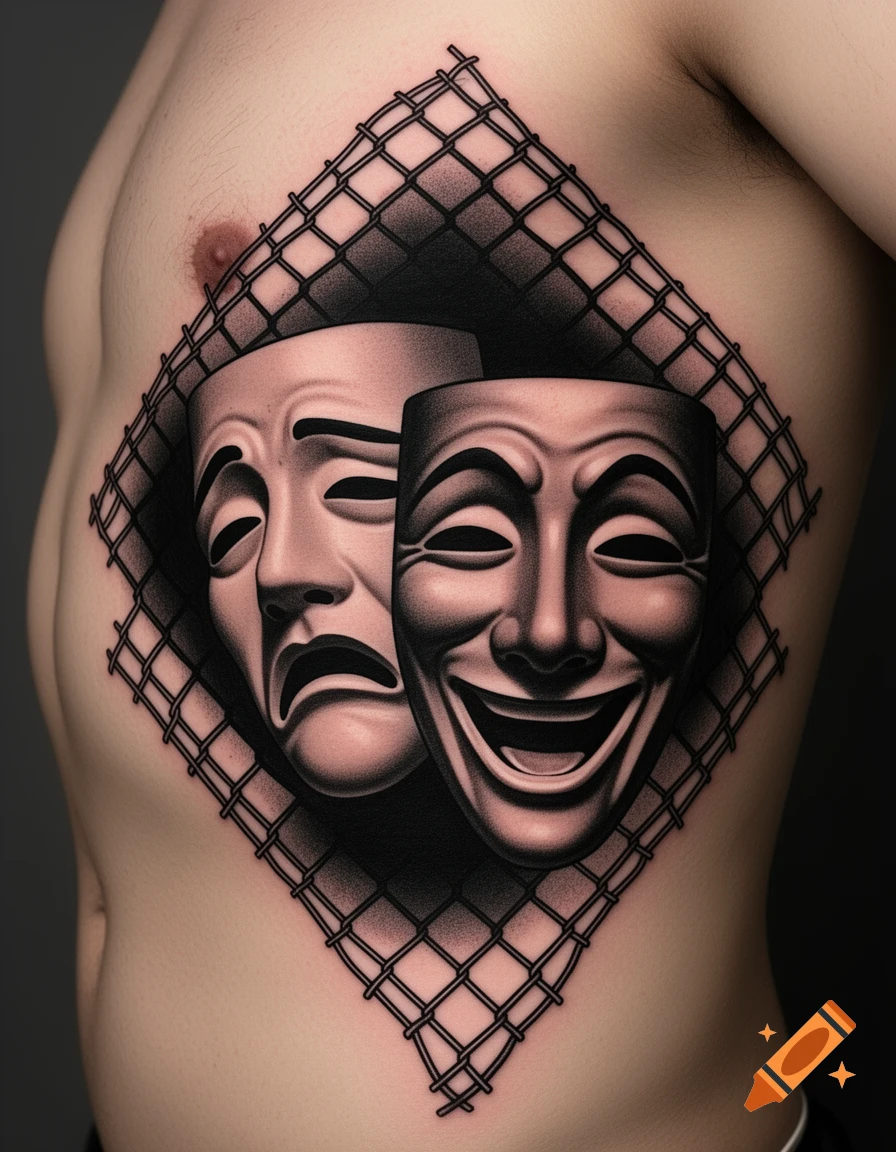 Realistic black and grey tattoo on a person's torso, featuring sad and happy theatrical masks framed by a diamond-shaped chain link fence pattern.