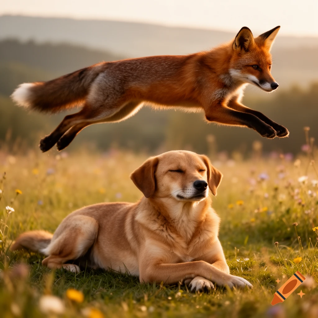 A photorealistic image of a red fox jumping over a golden dog resting in a sunny grassy field with wildflowers.