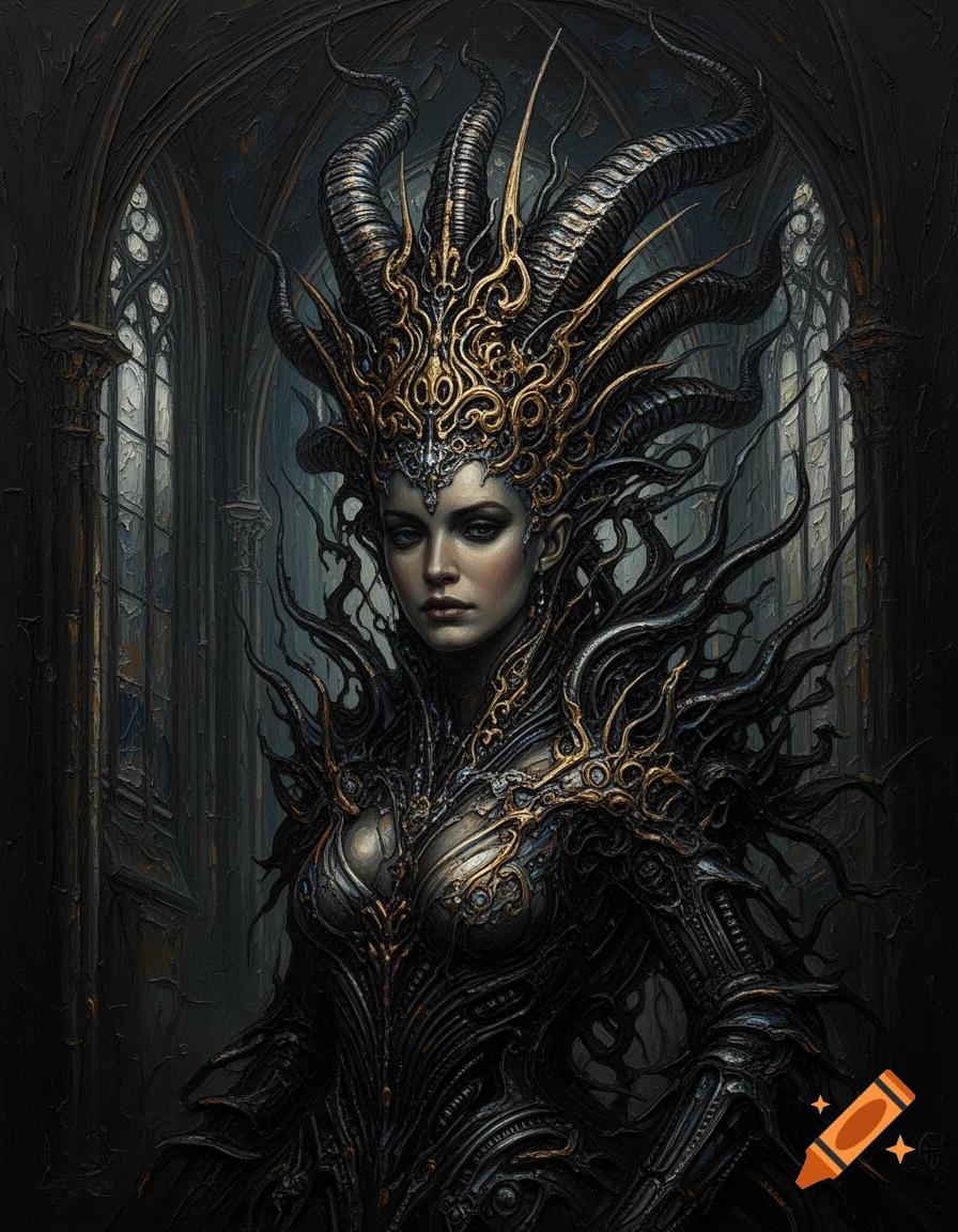 A dark oil painting of a gothic empress with a towering, ornate horned headdress and intricate armor, set in a moody cathedral.