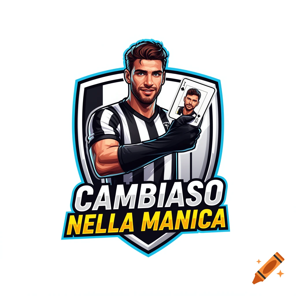 A cartoon sports logo of a soccer player in a striped jersey pulling an Ace card with his portrait from his sleeve. Text: 'CAMBIASO NELLA MANICA'.