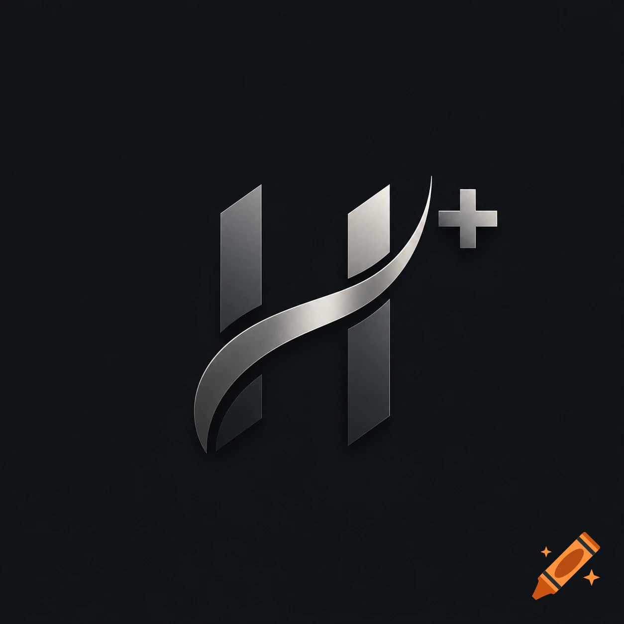 A stylized silver metallic letter H logo with a curved element and a plus sign, on a dark gray background.