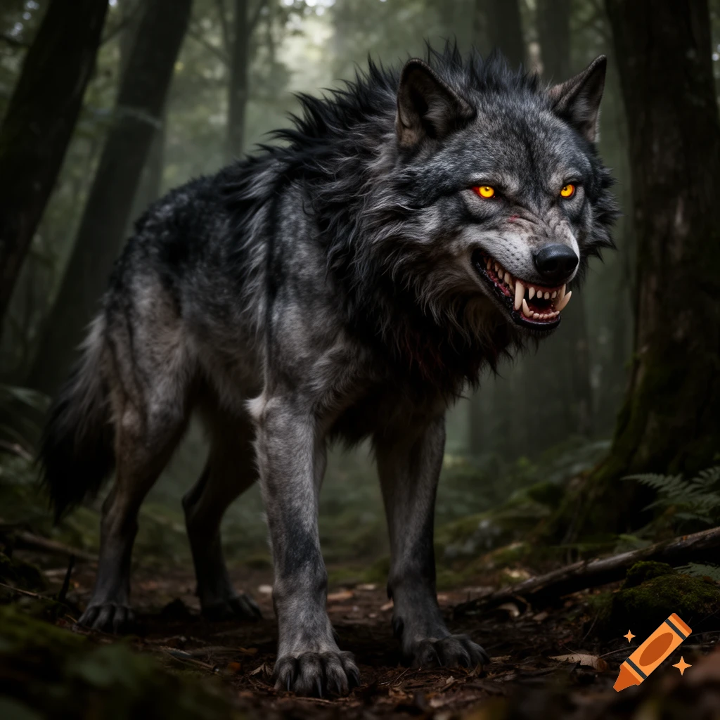 A menacing grey wolf with glowing yellow eyes and bared fangs stands in a dark, misty forest, photorealistic.