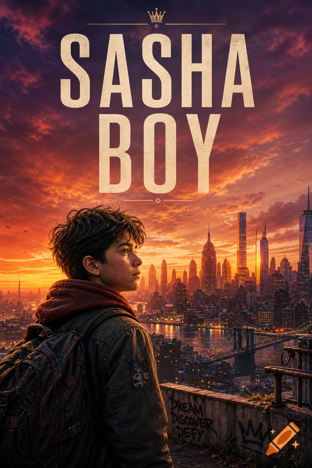 A young boy with a backpack looks out over a sprawling city skyline at sunset, with 'SASHA BOY' text above.