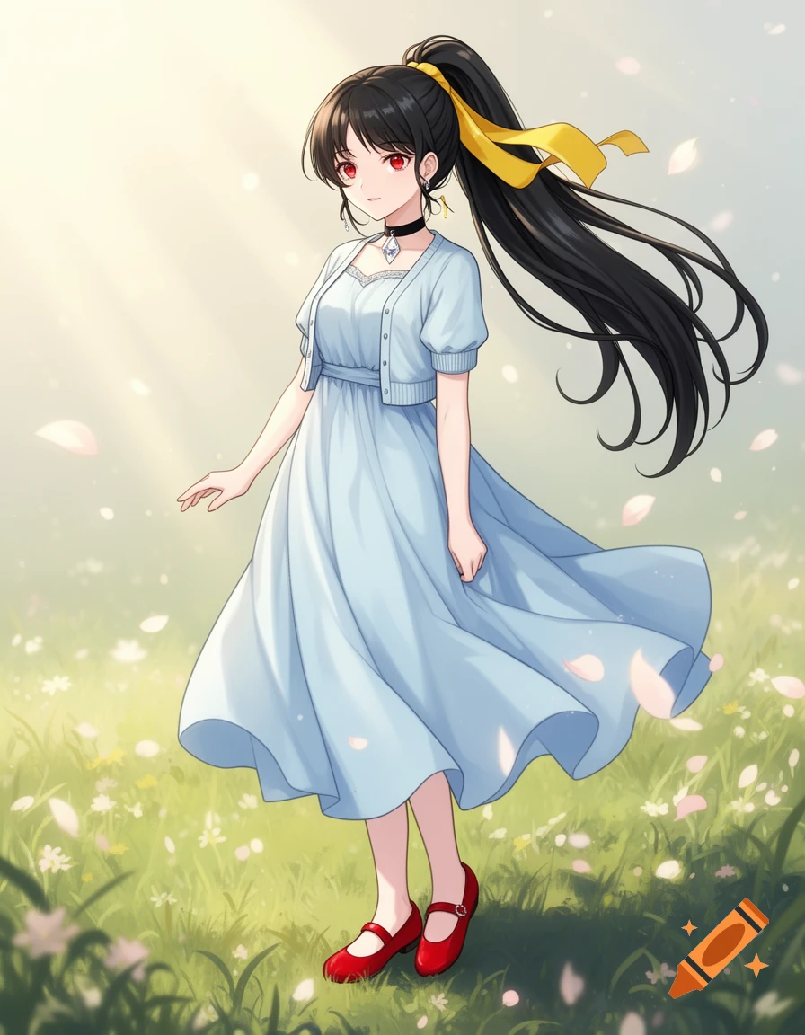 Anime girl with long black hair in a ponytail with a yellow ribbon, red eyes, wearing a light blue dress and red Mary Jane shoes, standing in a field with flowers and petals.