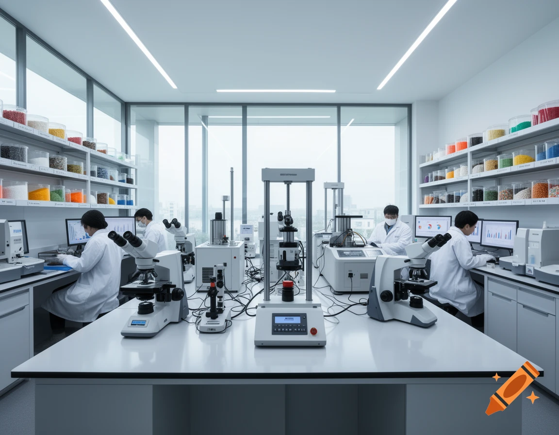Scientists in a bright, modern laboratory filled with various testing equipment, microscopes, computers, and shelves of colorful granular materials.