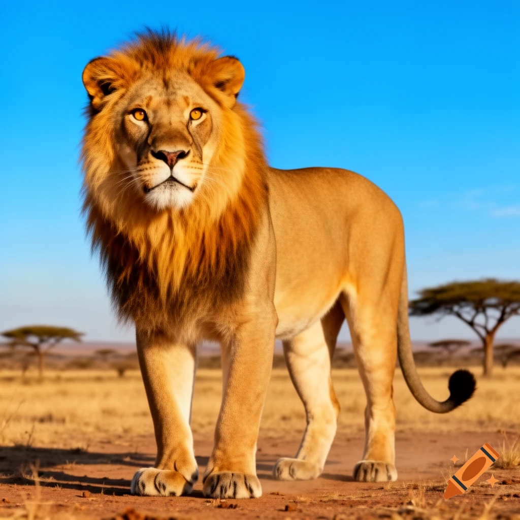 A majestic male lion with a full mane stands in a sunlit savanna with acacia trees under a clear blue sky.