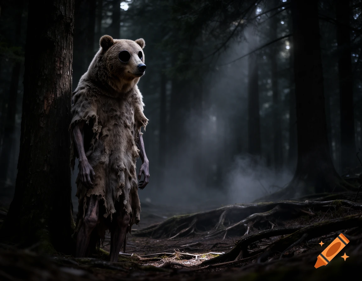A skinny bear-headed humanoid with impossibly black eyes and tattered fur stands by a tree in a dark, foggy, photorealistic forest.
