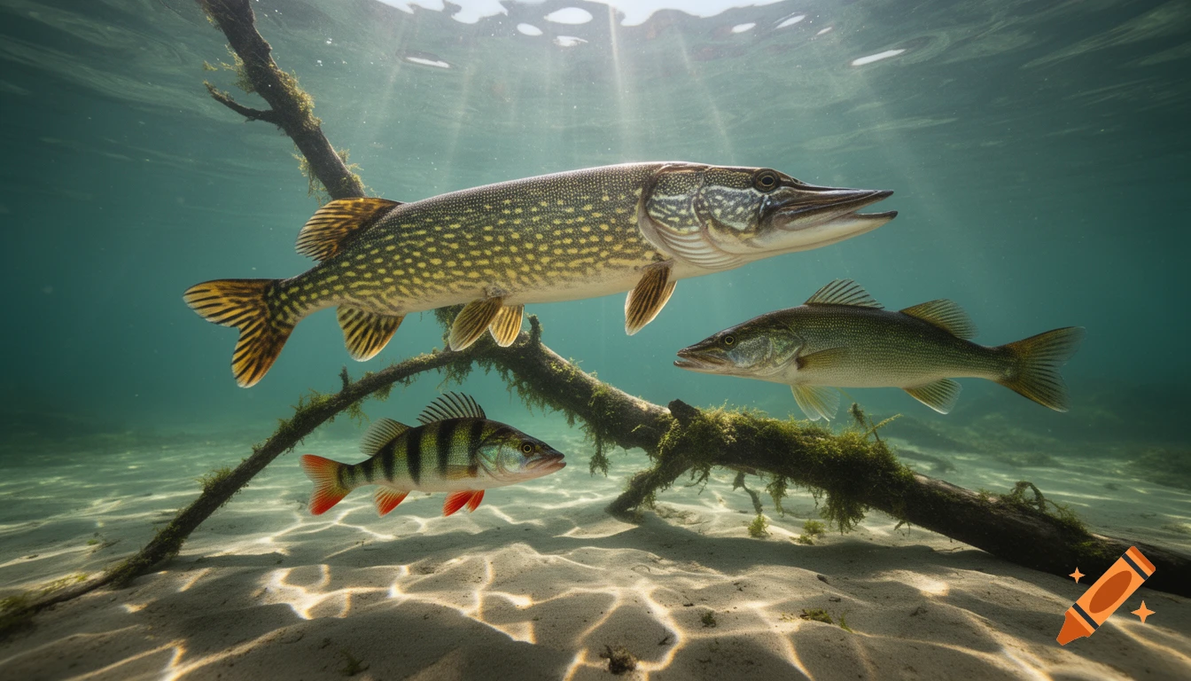 Photorealistic underwater view of a Northern Pike, European Perch, and Zander swimming around a mossy branch in clear, sunlit water.