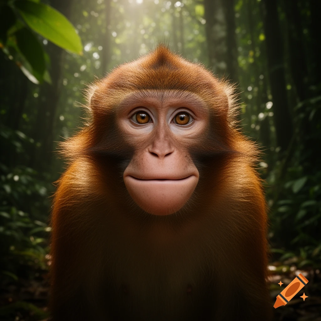 A detailed portrait of a monkey with a human-like face, looking forward in a sunlit jungle.