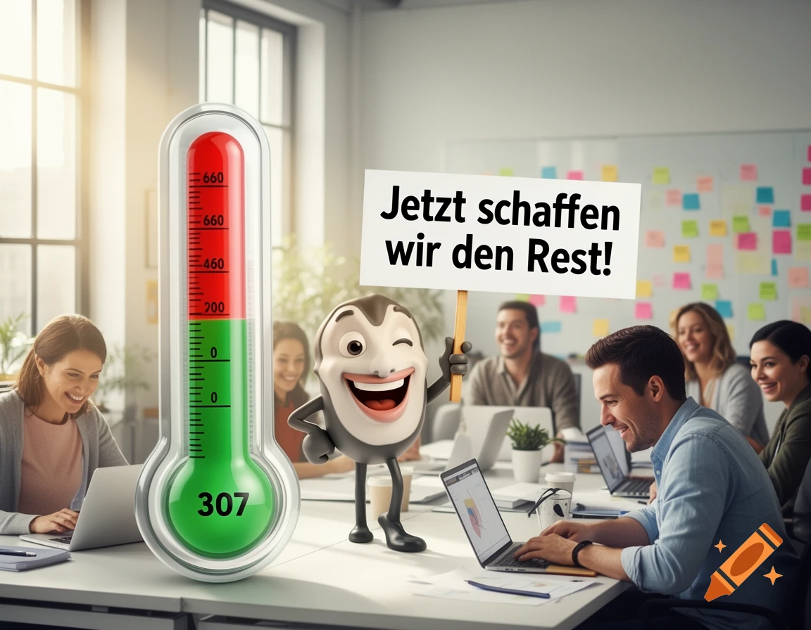 A cartoon character in an office with people working on laptops. A sign reads "Jetzt schaffen wir den Rest!" next to a thermometer showing 307 with a goal of 660.