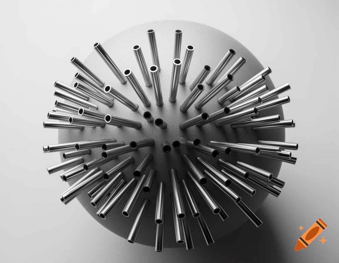 Photorealistic image of a gray sphere covered with numerous metallic cylindrical tubes pointing outwards, set against a light gray background.