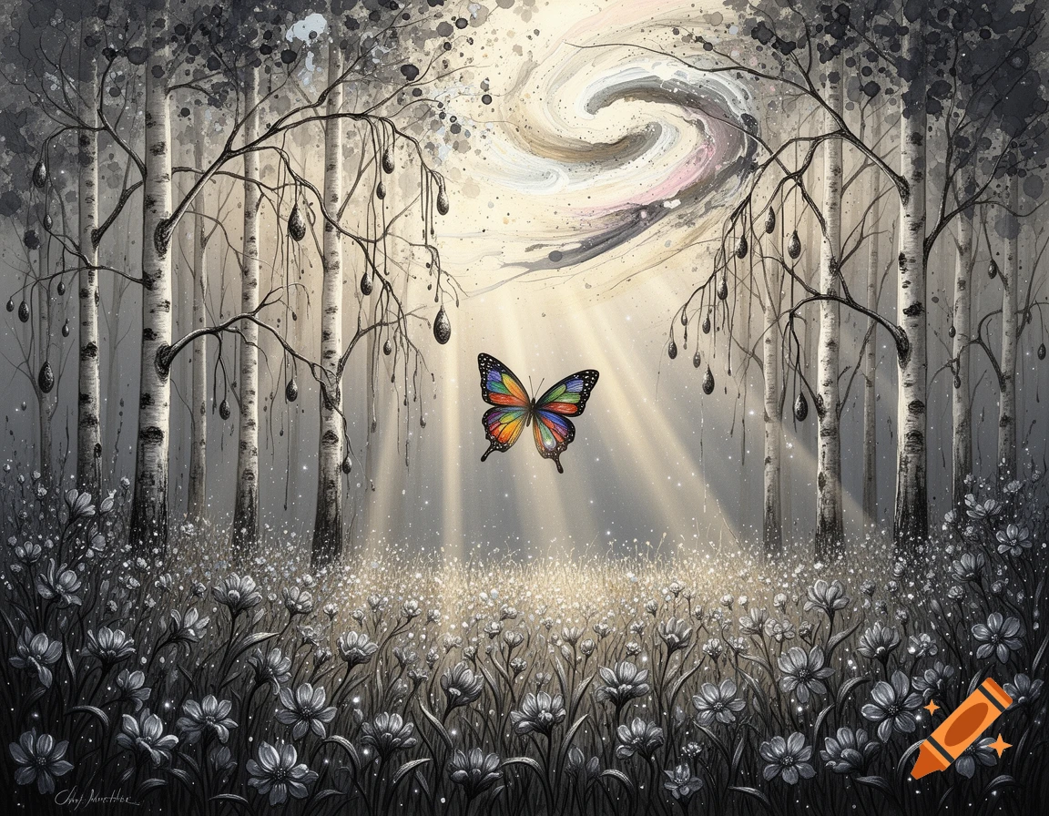 A colorful butterfly flies through a ray of light in a grayscale birch forest with a meadow of white flowers and a swirling sky.