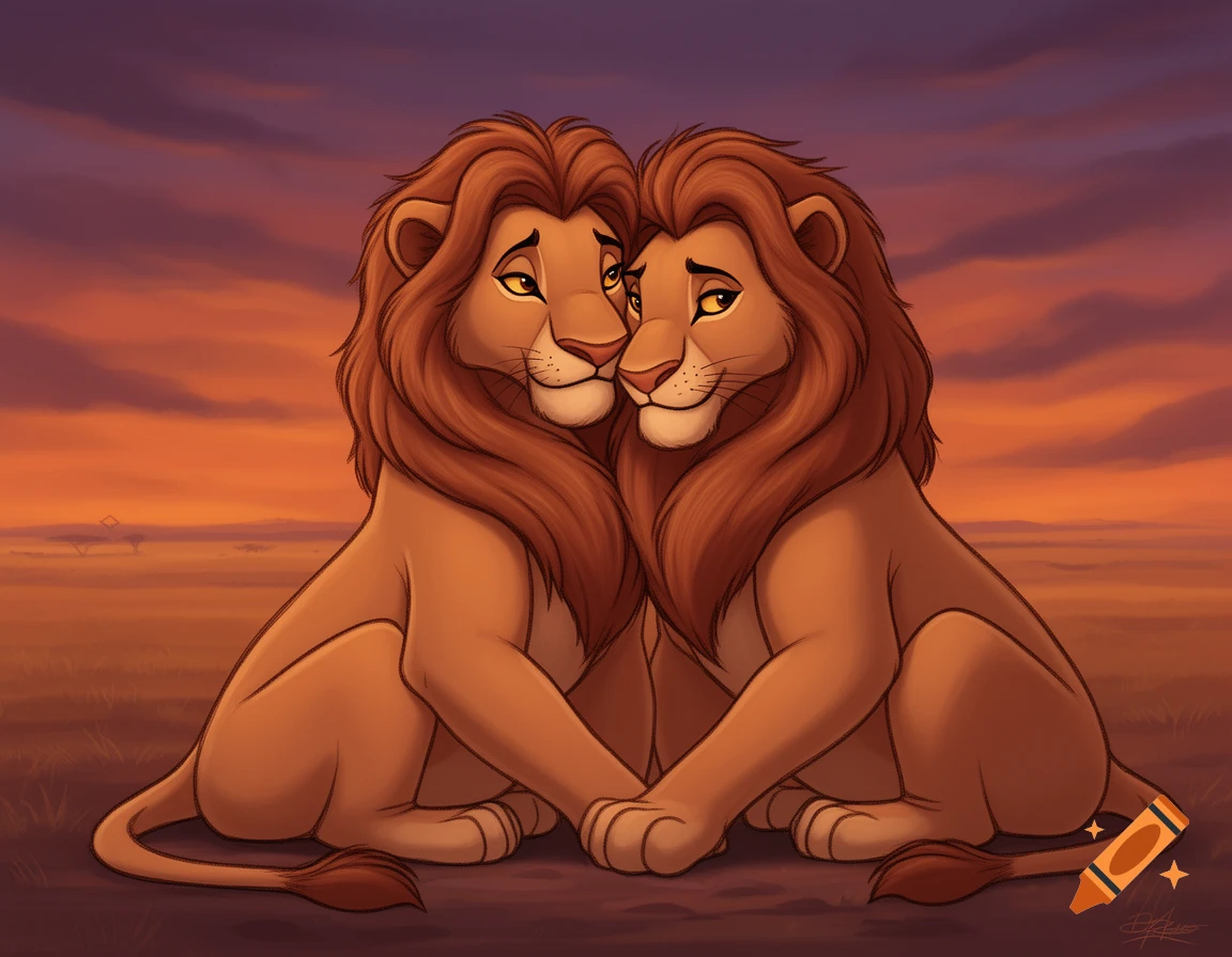 Two cartoon lions with manes snuggling close against a vibrant orange and purple sunset sky, in Lion King style.