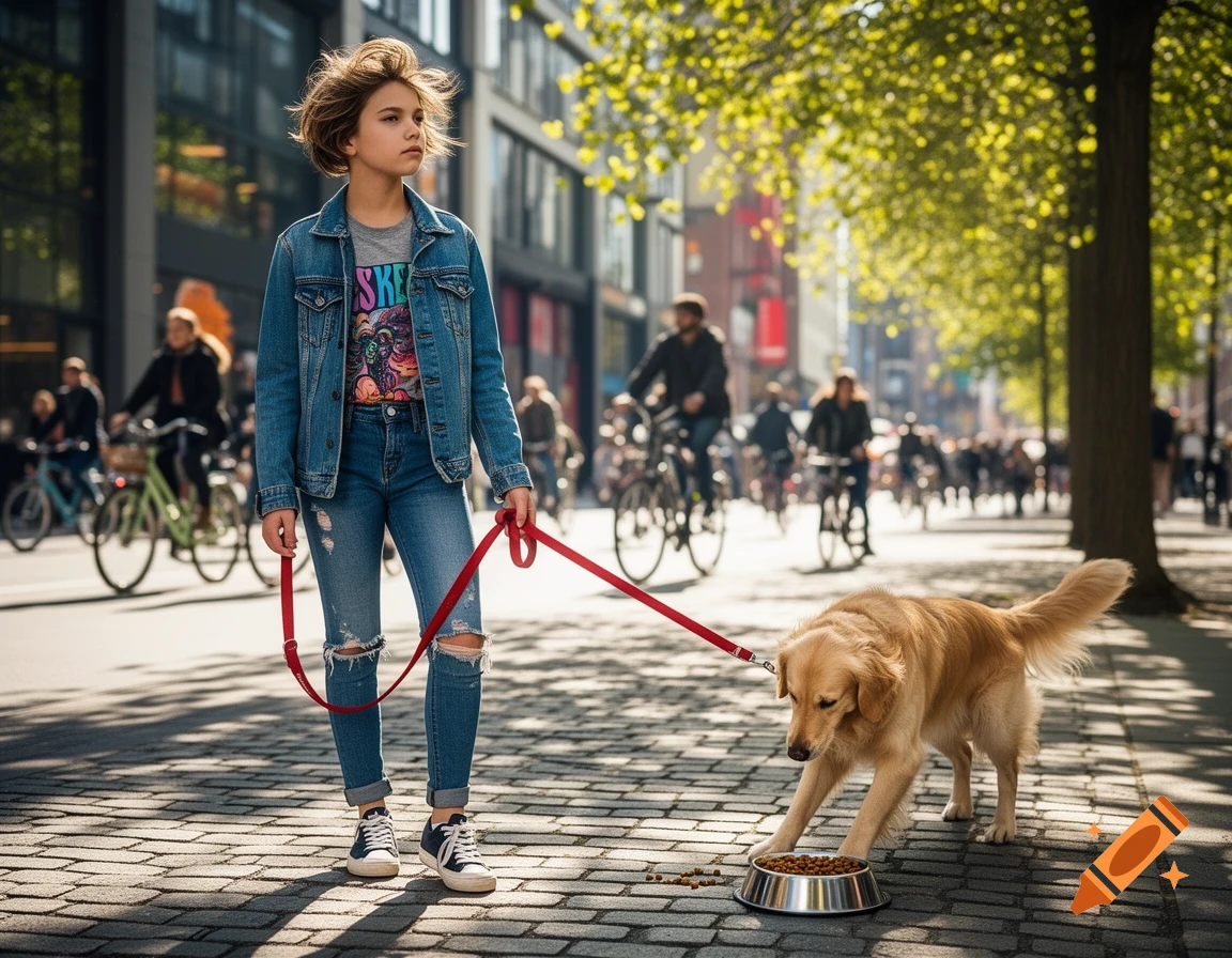 A young girl in a denim jacket holds a leash as her golden retriever eats from a bowl on a sunny city street.
