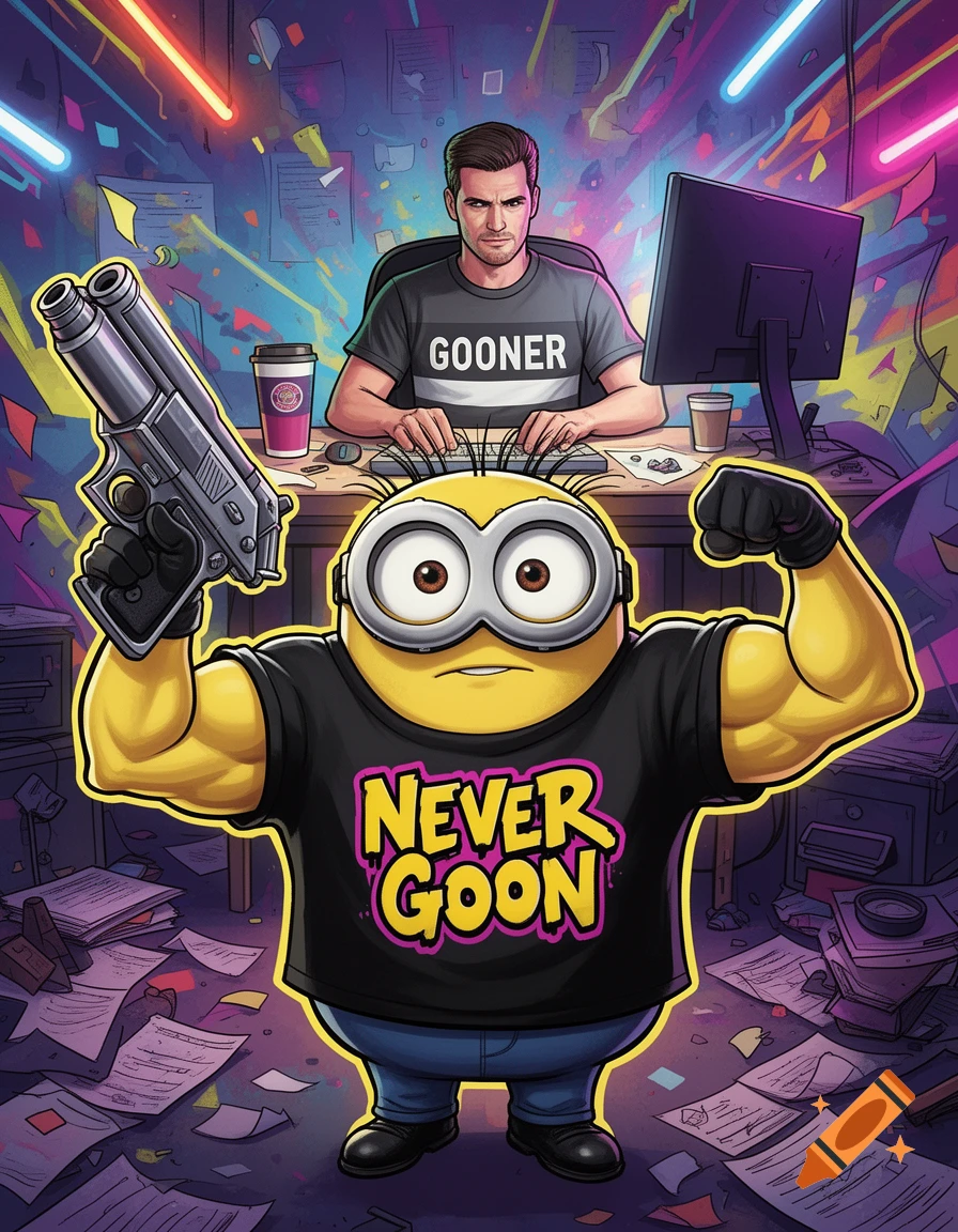 A muscular Minion holding a double-barreled pistol and wearing a "NEVER GOON" shirt, standing in front of a man with a "GOONER" shirt typing at a computer in a vibrant, neon-lit room.
