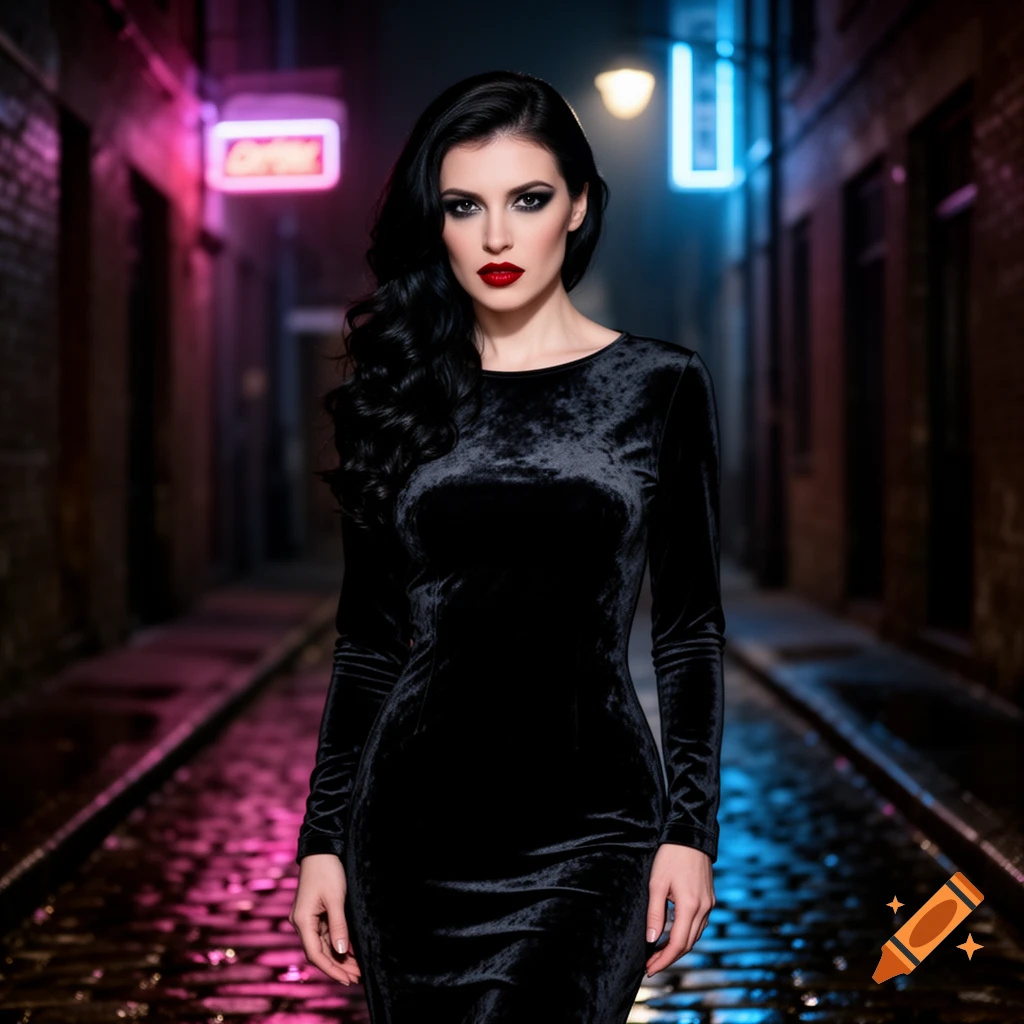 A woman with dark hair and red lipstick wears a black velvet dress, standing in a dark, neon-lit city alley.