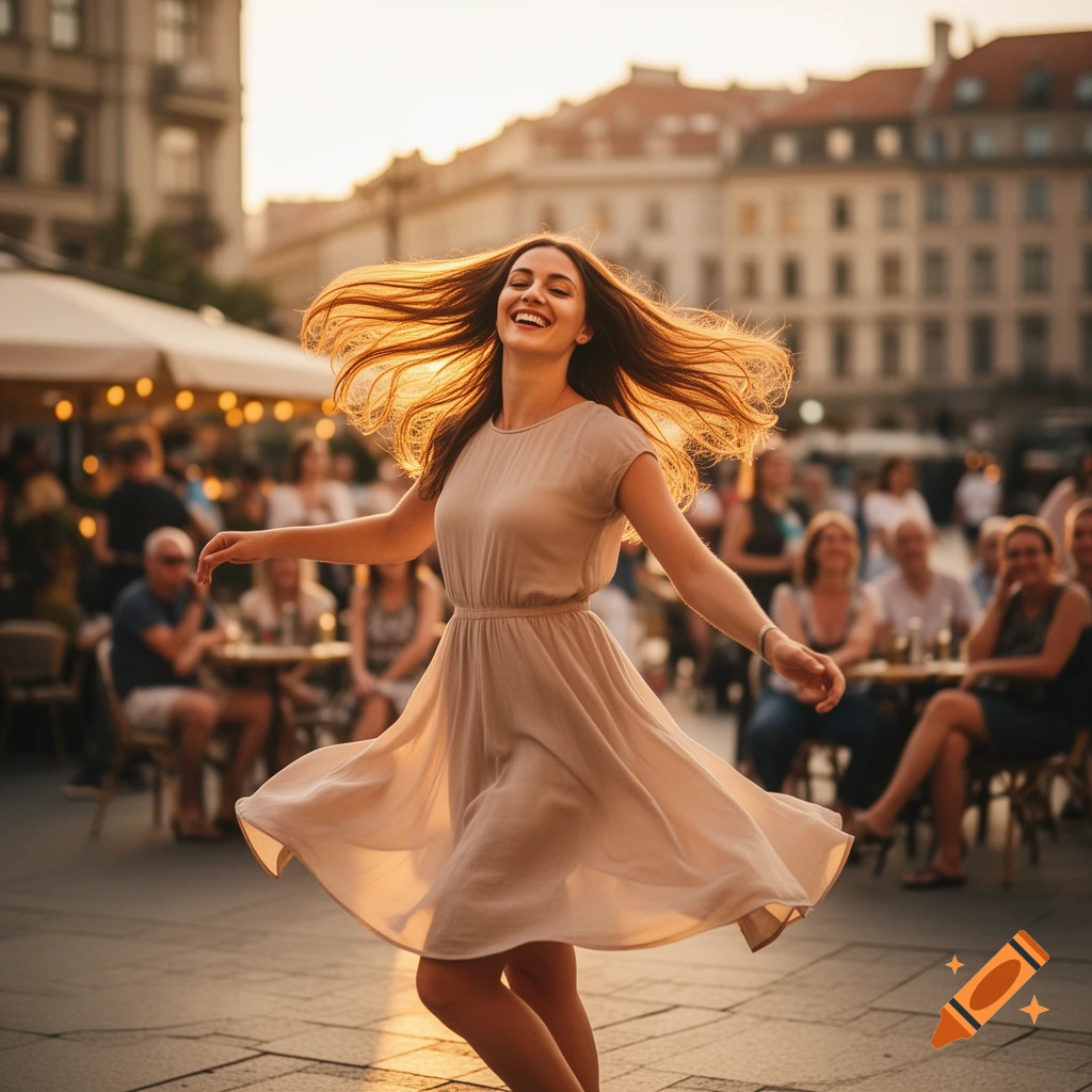 A happy woman with long brown hair dances joyfully in a bustling city square at sunset, her dress and hair flowing.