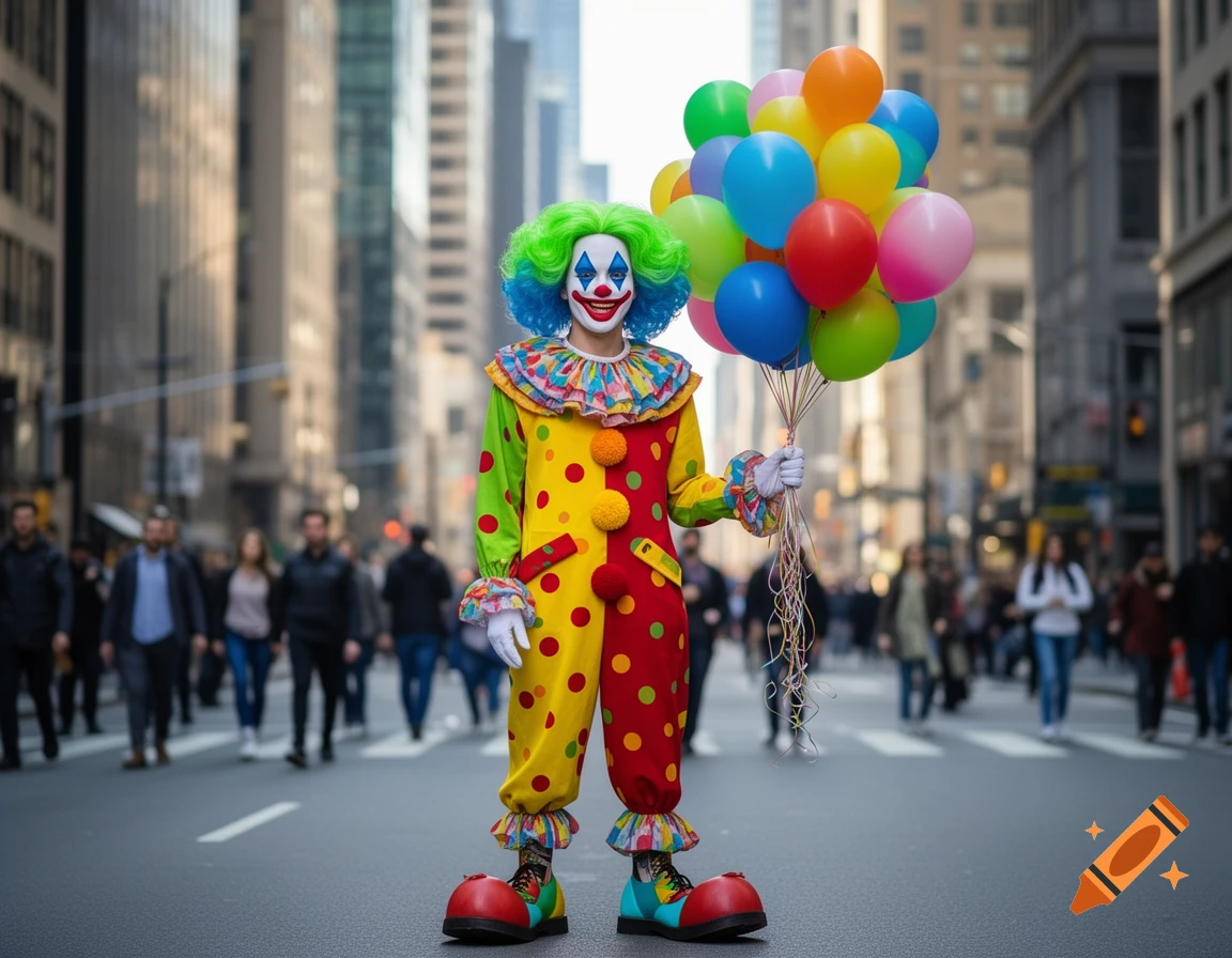 A colorful clown in a bright red and yellow polka-dot costume, green and blue wig, and oversized shoes stands in a city street holding a large bunch of multicolored balloons.