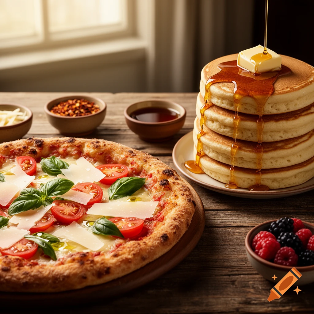 Photorealistic margherita pizza with tomatoes, basil, and cheese, next to a stack of pancakes with syrup, butter, and berries on a wooden table.