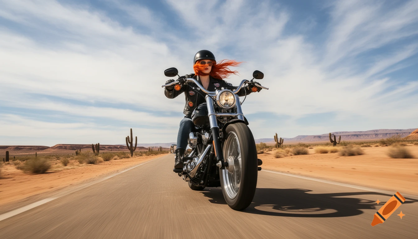 Photorealistic image of a red-haired woman on a motorcycle speeding down a desert highway with cacti and mountains.