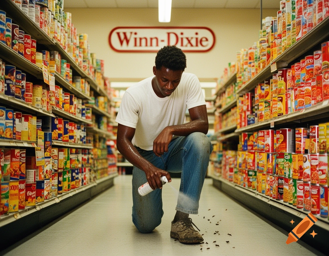 A sweaty, dirty Black man kneels in a grocery store aisle, spraying insecticide at ants around his old, dirty shoe, with canned goods lining shelves and a "Winn-Dixie" sign in the background.
