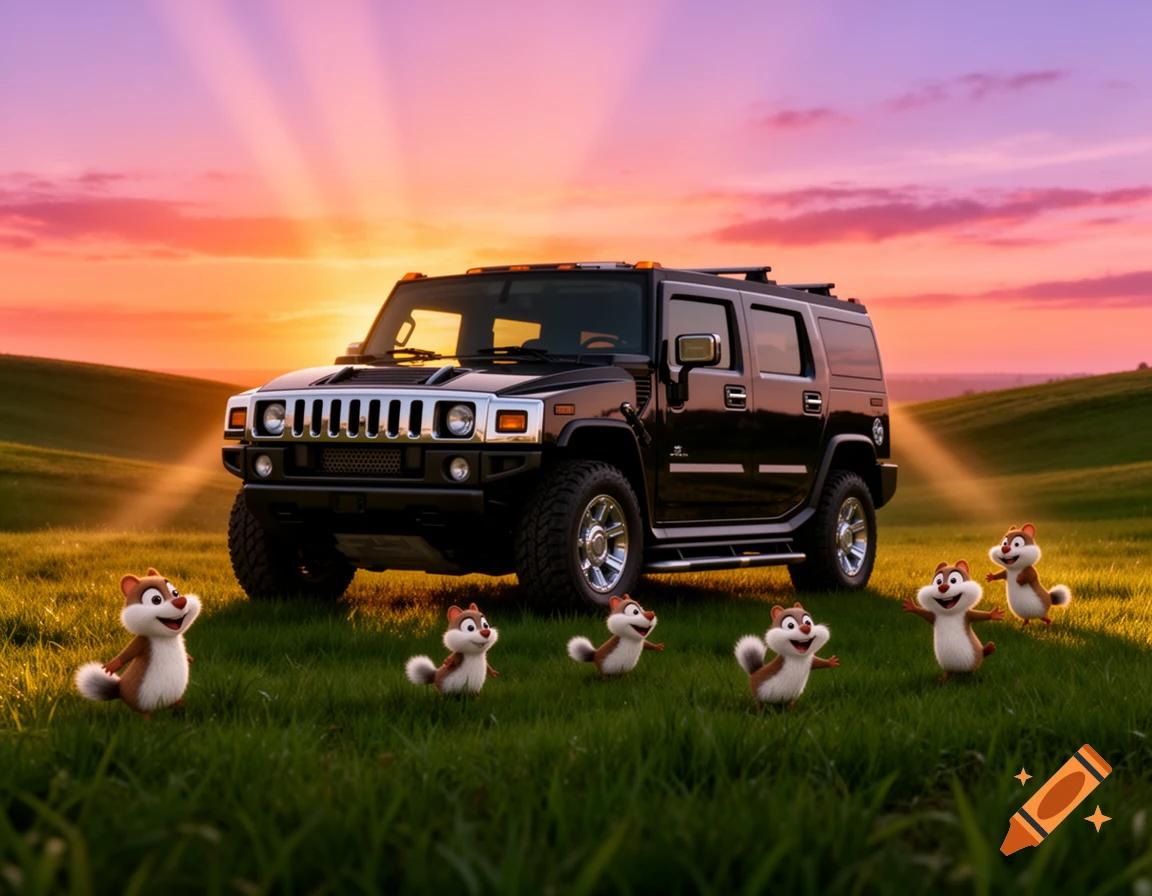 A black Hummer and several cartoon chipmunks sit in a grassy field at sunset, with golden light radiating from the horizon.