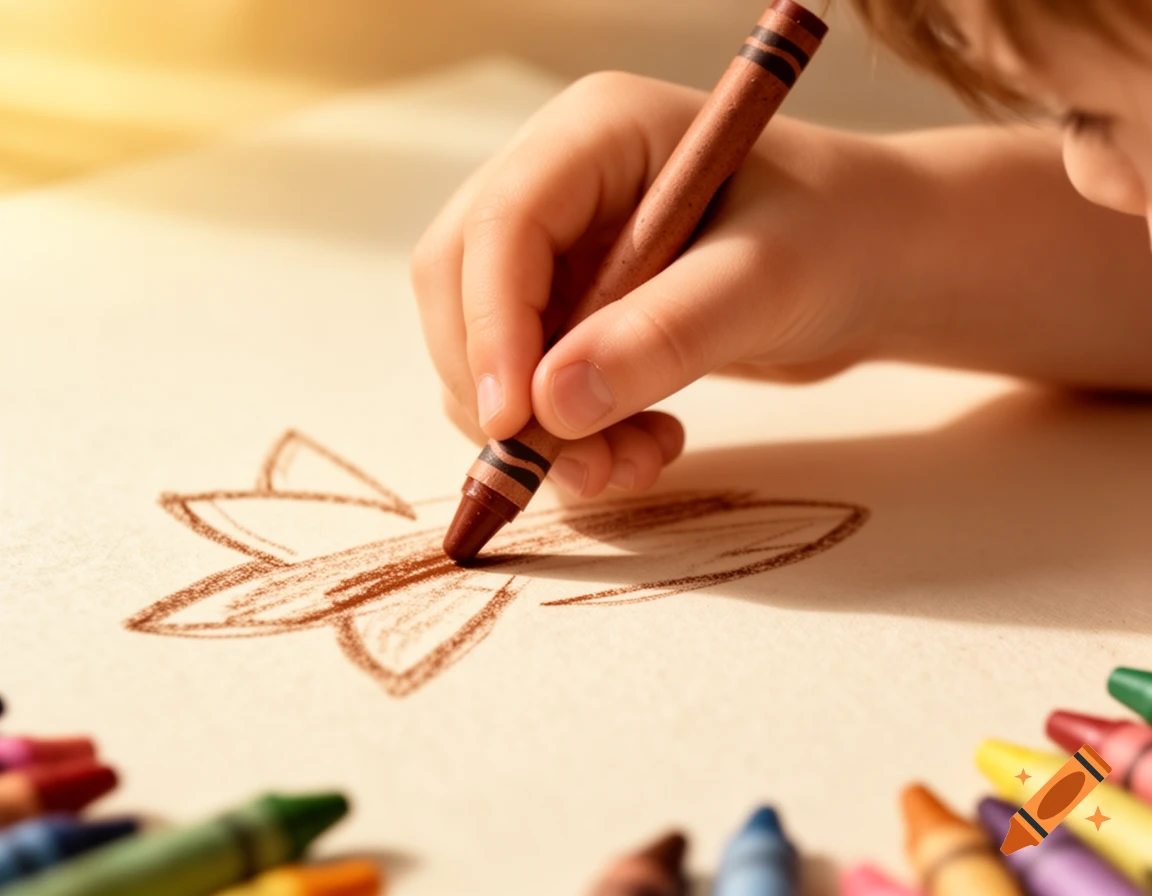 A child's hand drawing a flower on paper with a brown crayon, surrounded by colorful crayons.