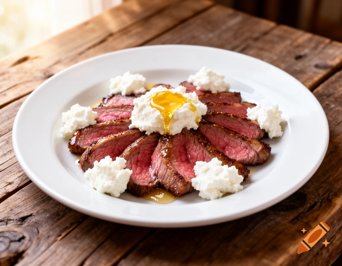 Photorealistic close-up of sliced medium-rare beef with ricotta cheese and honey drizzle on a white plate, on a wooden table.