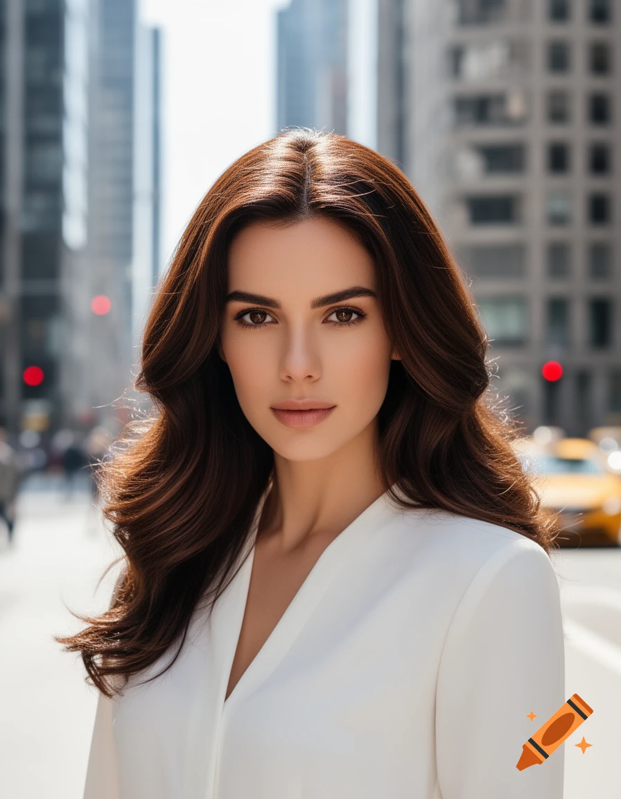 A photorealistic portrait of a beautiful brunette woman in a white top, standing on a city street with blurred buildings in the background.