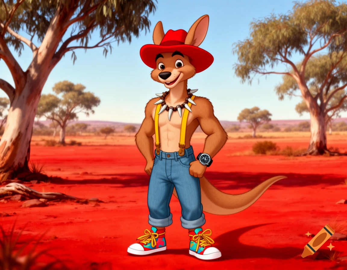 A Disney-style animated kangaroo wears a red hat, sharktooth necklace, blue jeans with yellow suspenders, and colorful sneakers in the Australian outback.