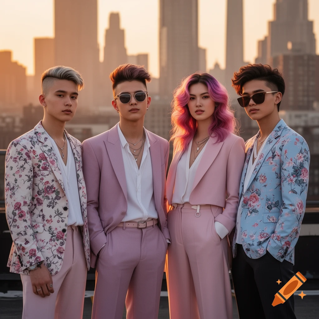 Four individuals in stylish floral and pink suits posing on a city rooftop at sunset.