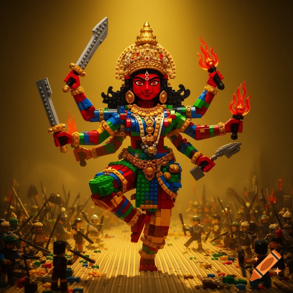 A multi-armed Hindu deity Kali, made of colorful Lego bricks, stands on a Lego baseplate surrounded by smaller Lego figures in battle.
