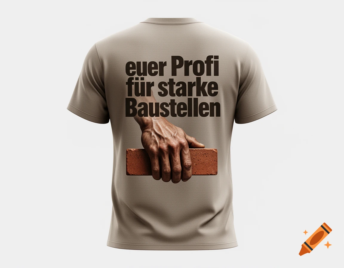 A beige t-shirt seen from the back, displaying the German text "euer Profi f starke Baustellen" above a hand holding a brick.