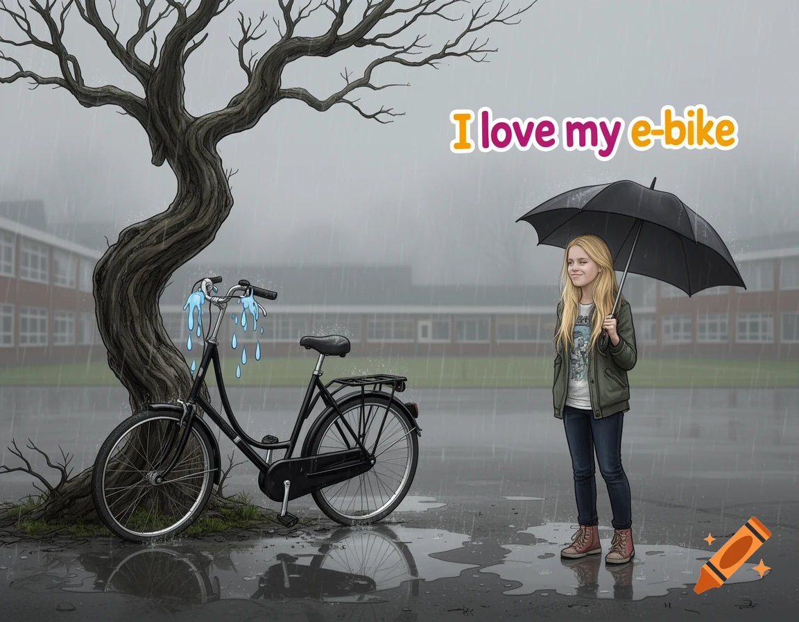 An illustration of a girl with an umbrella standing in the rain next to a crying black bicycle, with text "I love my e-bike".